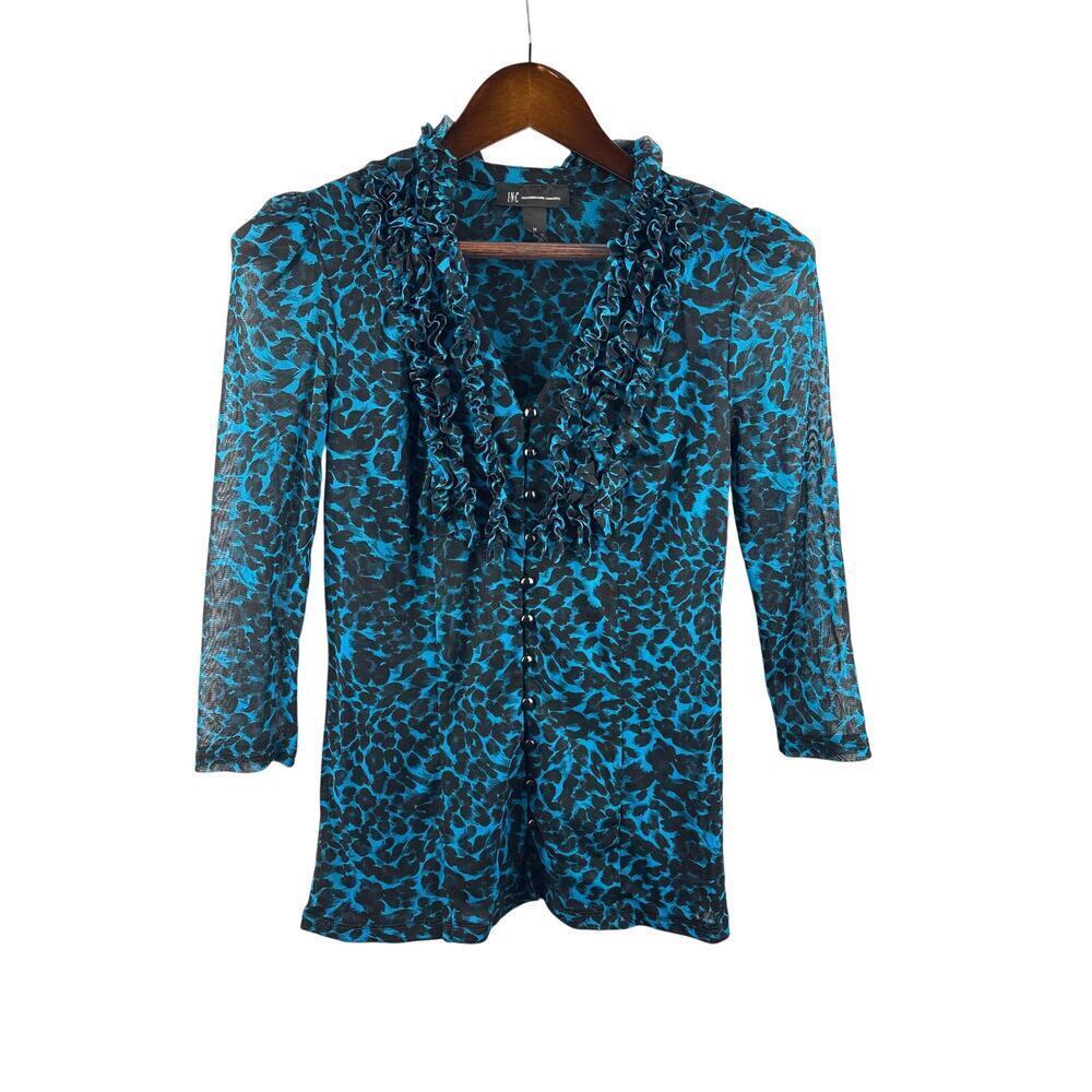 Women’s I.n.c International Concepts Medium Teal & Black Leopard Print Blouse